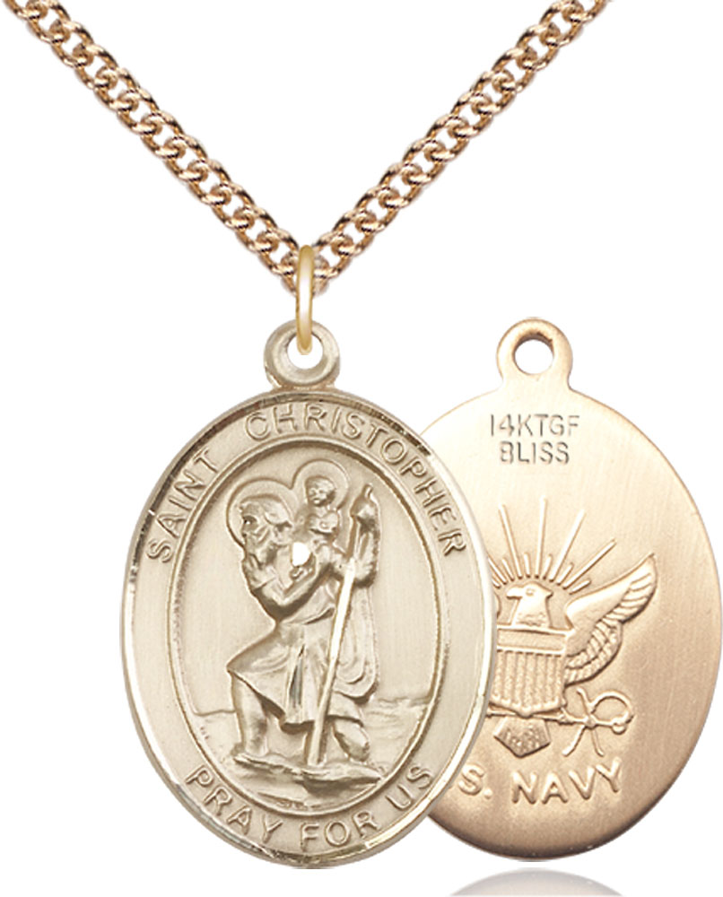 14kt Gold Filled Saint Christopher Navy Pendant on a 24 inch Gold Filled Heavy Curb chain