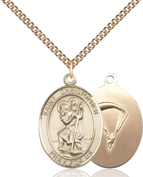 14kt Gold Filled Saint Christopher Paratrooper Pendant on a 24 inch Gold Filled Heavy Curb chain