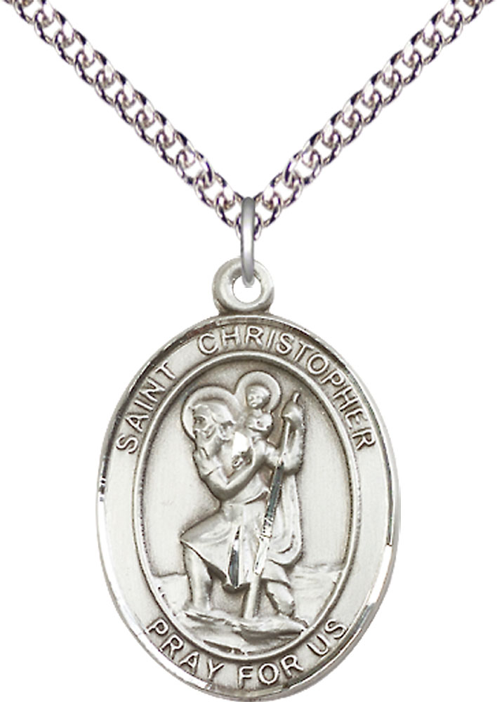 Sterling Silver Saint Christopher Pendant on a 24 inch Sterling Silver Heavy Curb chain
