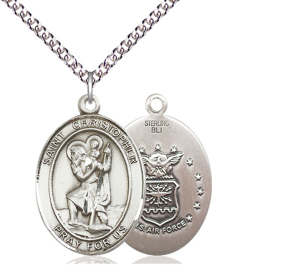 Sterling Silver Saint Christopher Air Force Pendant on a 24 inch Sterling Silver Heavy Curb chain