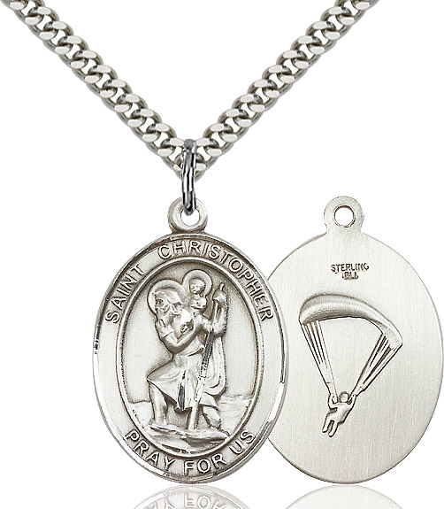 Sterling Silver Saint Christopher Paratrooper Pendant on a 24 inch Light Rhodium Heavy Curb chain
