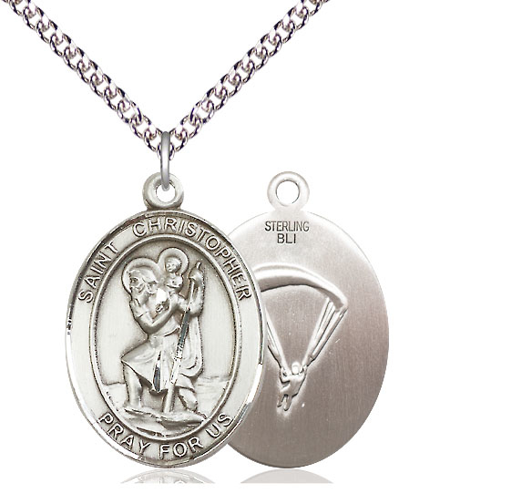 Sterling Silver Saint Christopher Paratrooper Pendant on a 24 inch Sterling Silver Heavy Curb chain