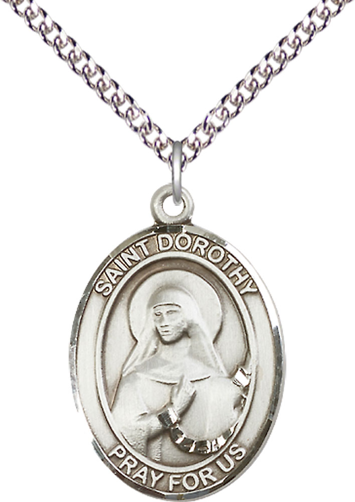 Sterling Silver Saint Dorothy Pendant on a 24 inch Sterling Silver Heavy Curb chain