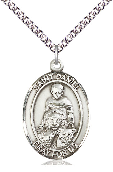 Sterling Silver Saint Daniel Pendant on a 24 inch Sterling Silver Heavy Curb chain