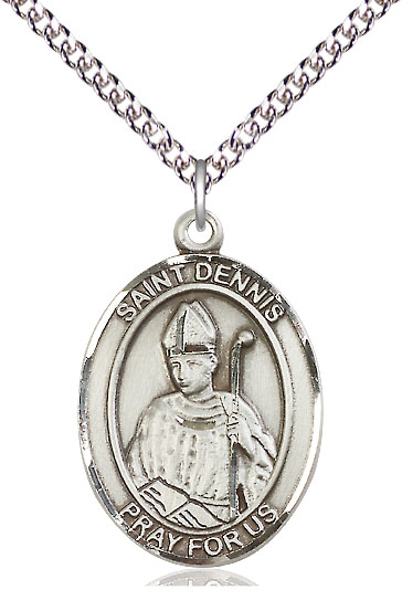 Sterling Silver Saint Dennis Pendant on a 24 inch Sterling Silver Heavy Curb chain
