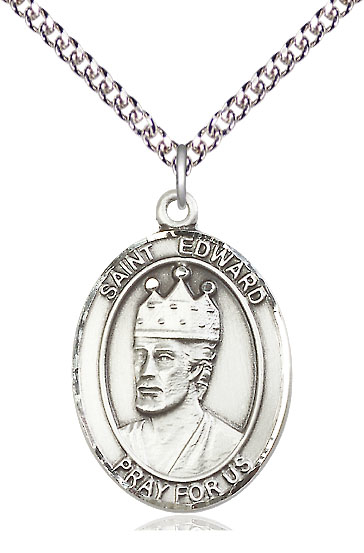 Sterling Silver Saint Edward the Confessor Pendant on a 24 inch Sterling Silver Heavy Curb chain