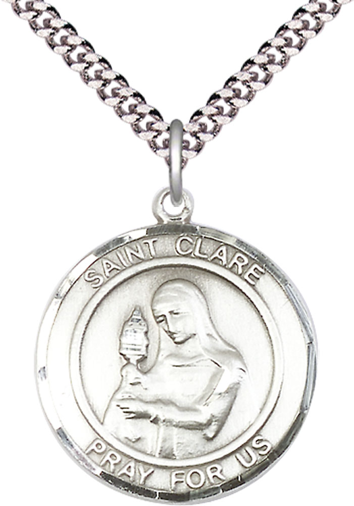 Sterling Silver Saint Clare of Assisi Pendant on a 24 inch Light Rhodium Heavy Curb chain