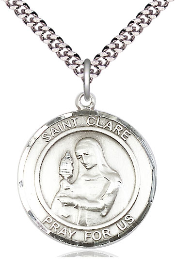 Sterling Silver Saint Clare of Assisi Pendant on a 24 inch Light Rhodium Heavy Curb chain