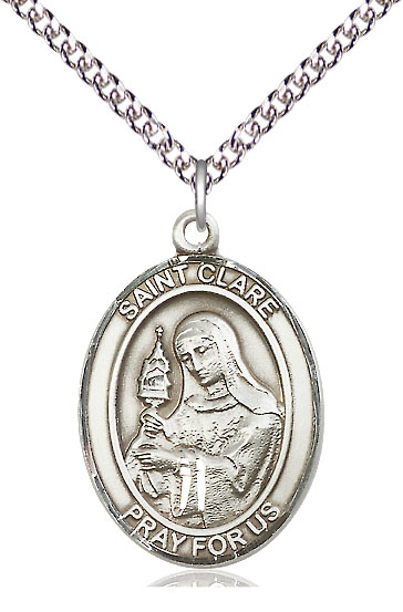 Sterling Silver Saint Clare of Assisi Pendant on a 24 inch Sterling Silver Heavy Curb chain