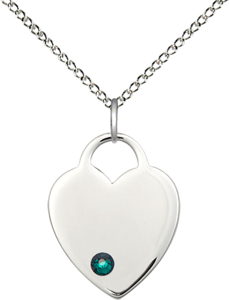 Sterling Silver Heart Pendant with a 3mm Emerald Swarovski stone on a 18 inch Sterling Silver Light Curb chain