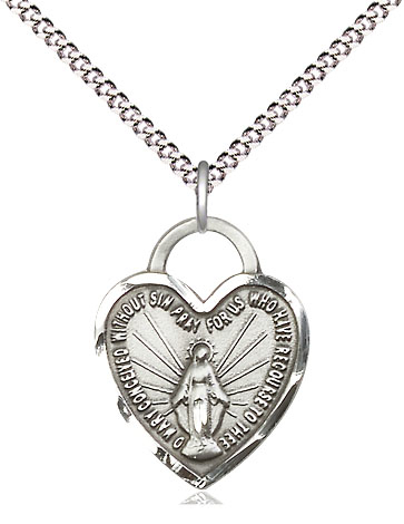 Sterling Silver Miraculous Heart Pendant on a 18 inch Light Rhodium Light Curb chain