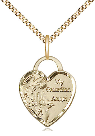 14kt Gold Filled Guardian Angel Heart Pendant on a 18 inch Gold Plate Light Curb chain