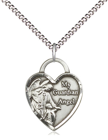 Sterling Silver Guardian Angel Heart Pendant on a 18 inch Light Rhodium Light Curb chain