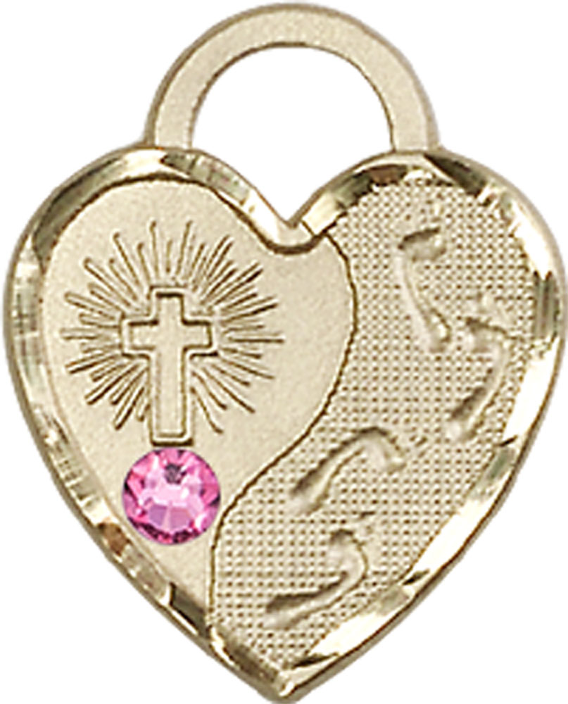 14kt Gold Filled Footprints Heart Medal with a 3mm Rose Swarovski stone