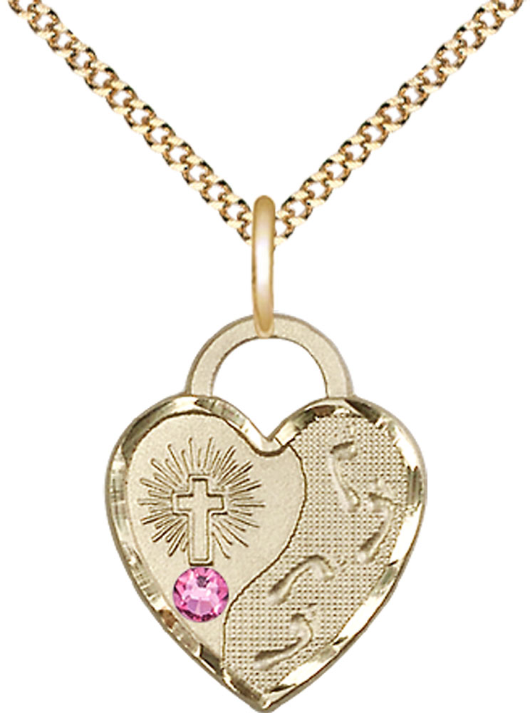 14kt Gold Filled Footprints Heart Pendant with a 3mm Rose Swarovski stone on a 18 inch Gold Plate Light Curb chain