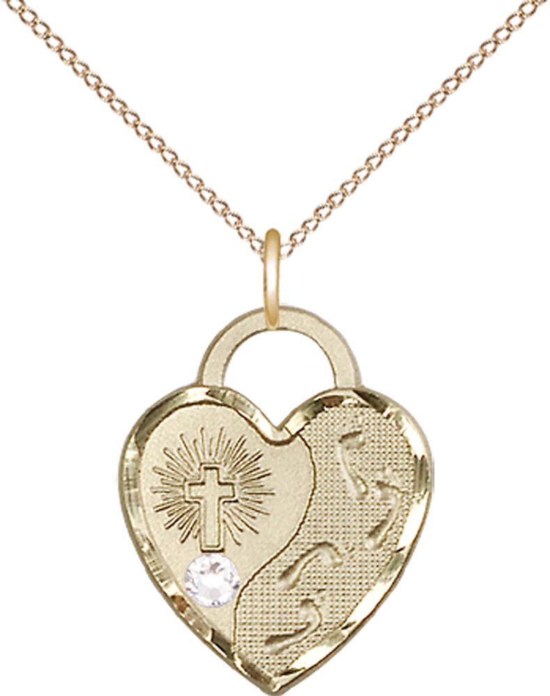 14kt Gold Filled Footprints Heart Pendant with a 3mm Crystal Swarovski stone on a 18 inch Gold Filled Light Curb chain