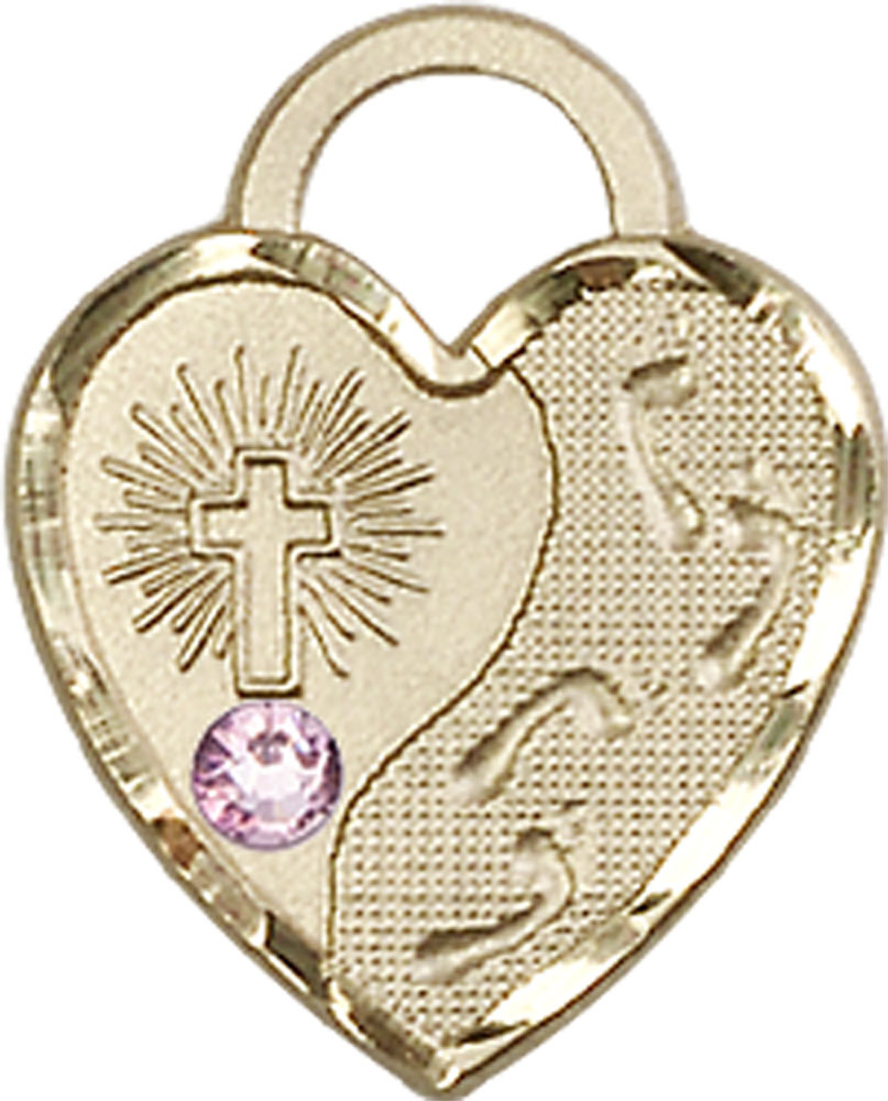 14kt Gold Filled Footprints Heart Medal with a 3mm Light Amethyst Swarovski stone