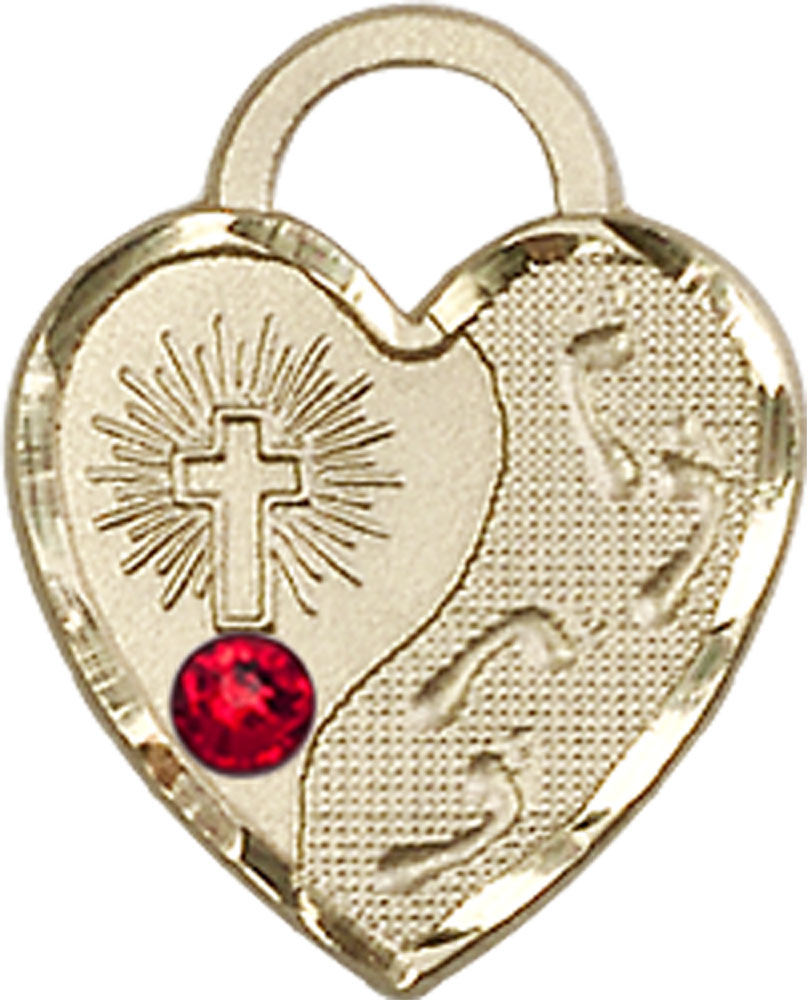 14kt Gold Filled Footprints Heart Medal with a 3mm Ruby Swarovski stone
