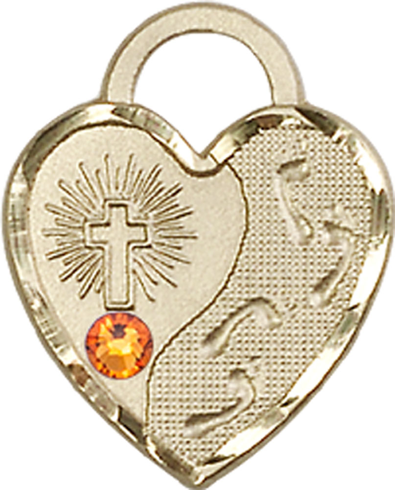 14kt Gold Footprints Heart Medal with a 3mm Topaz Swarovski stone