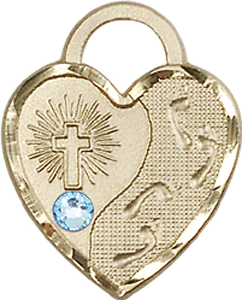 14kt Gold Footprints Heart Medal with a 3mm Aqua Swarovski stone