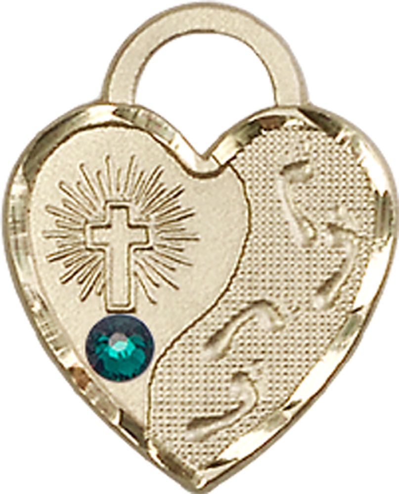 14kt Gold Footprints Heart Medal with a 3mm Emerald Swarovski stone