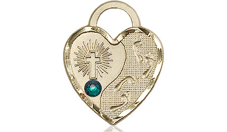 14kt Gold Footprints Heart Medal with a 3mm Emerald Swarovski stone