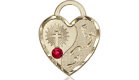 14kt Gold Footprints Heart Medal with a 3mm Ruby Swarovski stone