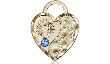 14kt Gold Footprints Heart Medal with a 3mm Sapphire Swarovski stone