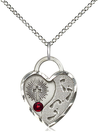 Sterling Silver Footprints Heart Pendant with a 3mm Garnet Swarovski stone on a 18 inch Sterling Silver Light Curb chain