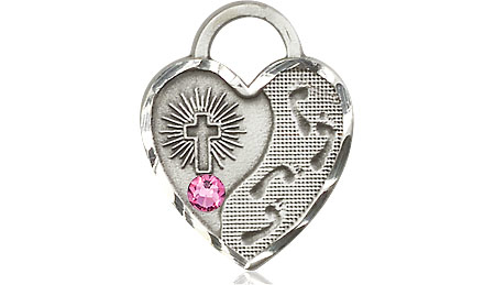 Sterling Silver Footprints Heart Medal with a 3mm Rose Swarovski stone