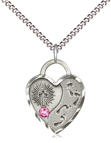 Sterling Silver Footprints Heart Pendant with a 3mm Rose Swarovski stone on a 18 inch Light Rhodium Light Curb chain