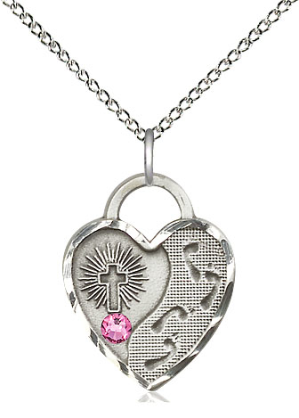 Sterling Silver Footprints Heart Pendant with a 3mm Rose Swarovski stone on a 18 inch Sterling Silver Light Curb chain