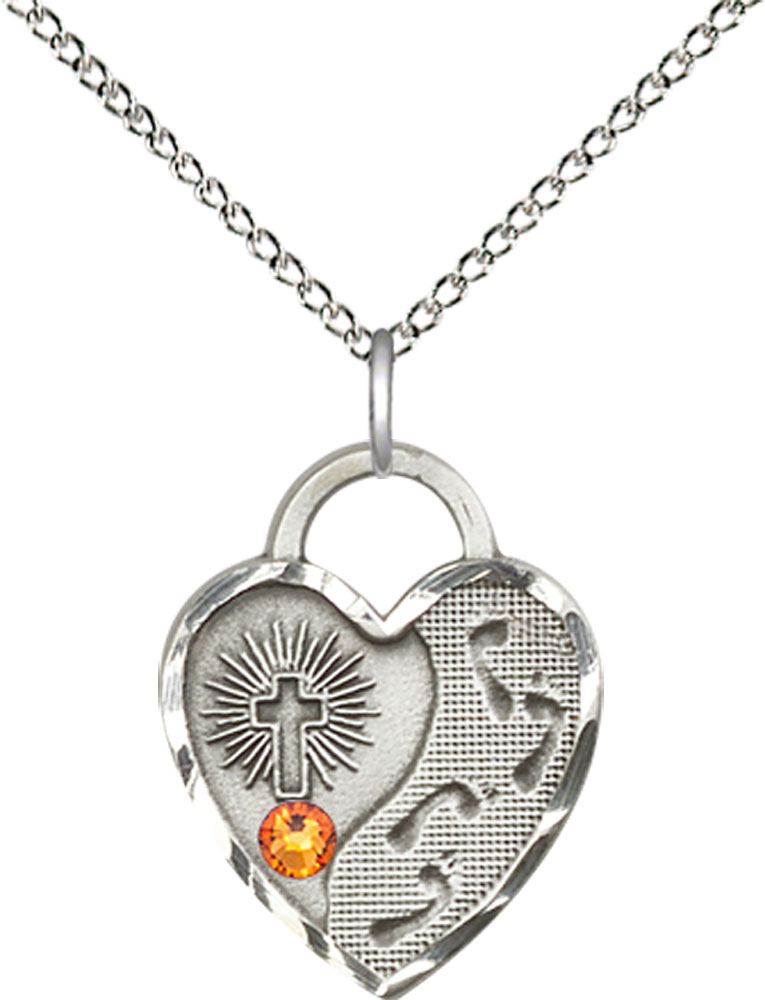 Sterling Silver Footprints Heart Pendant with a 3mm Topaz Swarovski stone on a 18 inch Sterling Silver Light Curb chain