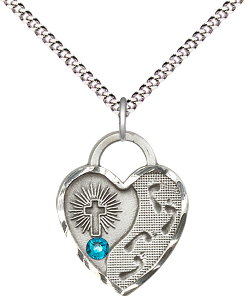 Sterling Silver Footprints Heart Pendant with a 3mm Zircon Swarovski stone on a 18 inch Light Rhodium Light Curb chain