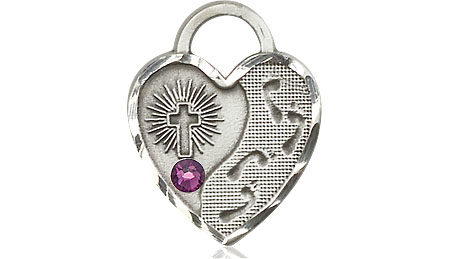 Sterling Silver Footprints Heart Medal with a 3mm Amethyst Swarovski stone