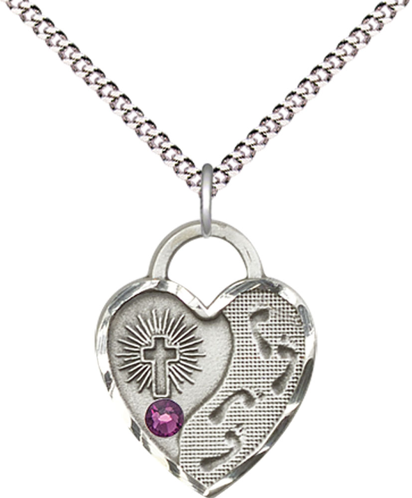 Sterling Silver Footprints Heart Pendant with a 3mm Amethyst Swarovski stone on a 18 inch Light Rhodium Light Curb chain
