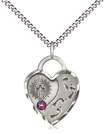 Sterling Silver Footprints Heart Pendant with a 3mm Amethyst Swarovski stone on a 18 inch Light Rhodium Light Curb chain