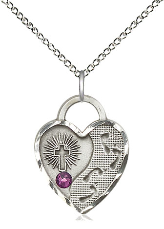Sterling Silver Footprints Heart Pendant with a 3mm Amethyst Swarovski stone on a 18 inch Sterling Silver Light Curb chain