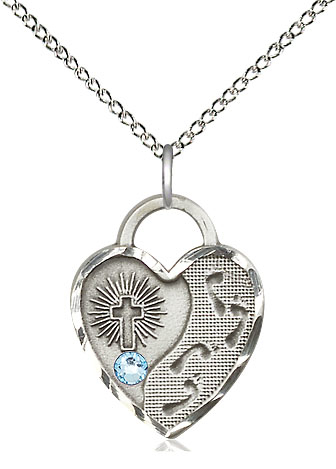Sterling Silver Footprints Heart Pendant with a 3mm Aqua Swarovski stone on a 18 inch Sterling Silver Light Curb chain