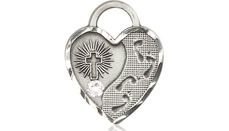 Sterling Silver Footprints Heart Medal with a 3mm Crystal Swarovski stone