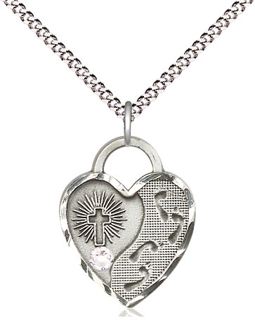 Sterling Silver Footprints Heart Pendant with a 3mm Crystal Swarovski stone on a 18 inch Light Rhodium Light Curb chain