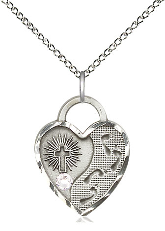 Sterling Silver Footprints Heart Pendant with a 3mm Crystal Swarovski stone on a 18 inch Sterling Silver Light Curb chain