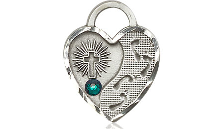Sterling Silver Footprints Heart Medal with a 3mm Emerald Swarovski stone
