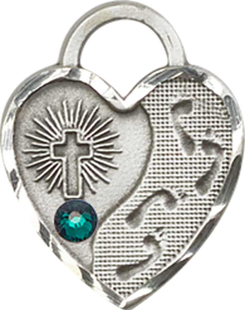 Sterling Silver Footprints Heart Medal with a 3mm Emerald Swarovski stone