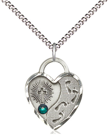 Sterling Silver Footprints Heart Pendant with a 3mm Emerald Swarovski stone on a 18 inch Light Rhodium Light Curb chain