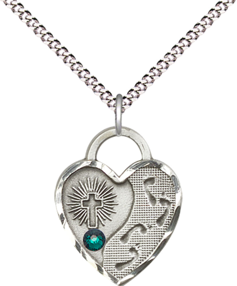 Sterling Silver Footprints Heart Pendant with a 3mm Emerald Swarovski stone on a 18 inch Light Rhodium Light Curb chain