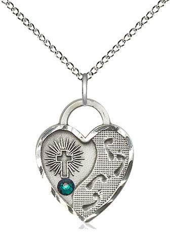 Sterling Silver Footprints Heart Pendant with a 3mm Emerald Swarovski stone on a 18 inch Sterling Silver Light Curb chain