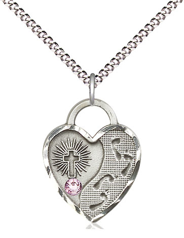 Sterling Silver Footprints Heart Pendant with a 3mm Light Amethyst Swarovski stone on a 18 inch Light Rhodium Light Curb chain