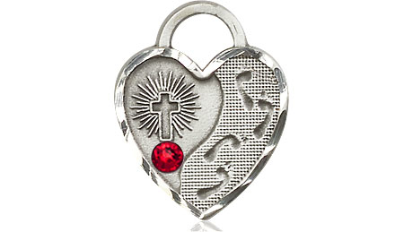 Sterling Silver Footprints Heart Medal with a 3mm Ruby Swarovski stone