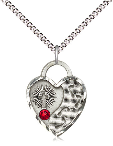 Sterling Silver Footprints Heart Pendant with a 3mm Ruby Swarovski stone on a 18 inch Light Rhodium Light Curb chain